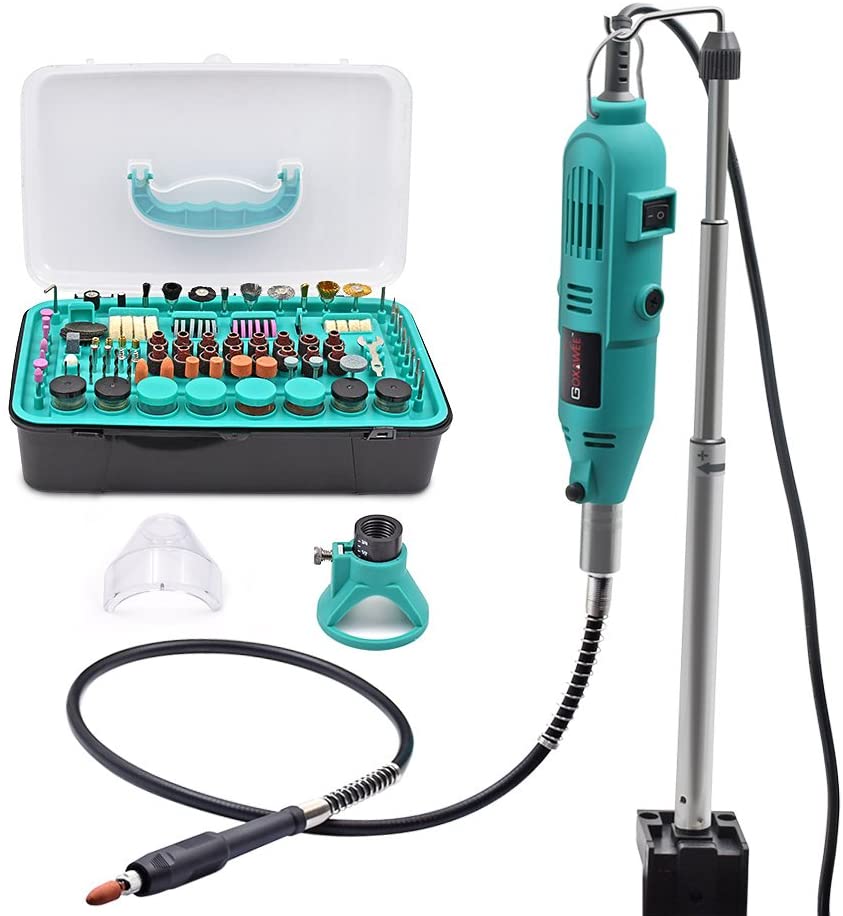 GOXAWEE Rotary Tool Kit, 288Pcs Multi Purpose Rotary Tool Set with 130W Die Grinder, Hold Hanger Stand Clamp, Flexible Drill Shaft and Mixed Accessory Kit for Craft Projects and DIY Creations