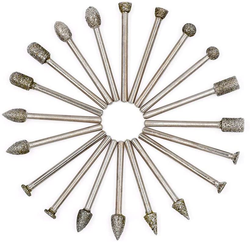 60 Grit Diamond Burr Set in 1/8" Shank, GOXAWEE 20Pcs Diamond Grinding Burr 3mm Mandrels Drill Bits Set Rotary Tool Accessories for DIY Grinding, Polishing, Engraving