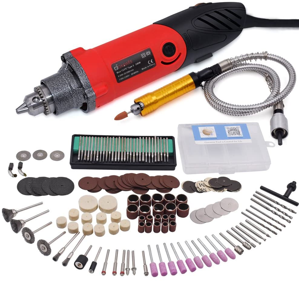 Outil Rotatif Multifonction, GOXAWEE 240W Meuleuse Droite Électrique avec Avancé Arbre Flexible & 170 Accessoires pour Projets de Bricolage