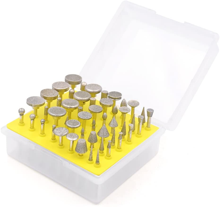 Juego de Fresas de Diamante - GOXAWEE 50Pcs Fresa de Molienda/Muela de Diamante / 3 mm Broca para Dremel/Accesorios para Herramientas Rotativas/Grabado, Talla, Pulido de Bricolaje/Grano 150