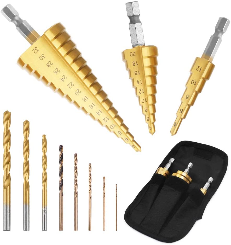 GOXAWEE Paso Brocas Escalonadas & HSS M35 Cobalto Brocas Helicoidales & Titanio Brocas de Espiral / 11 Piezas 21 Tamaños (1mm-32mm) Cortador de Agujeros para Madera y Metal