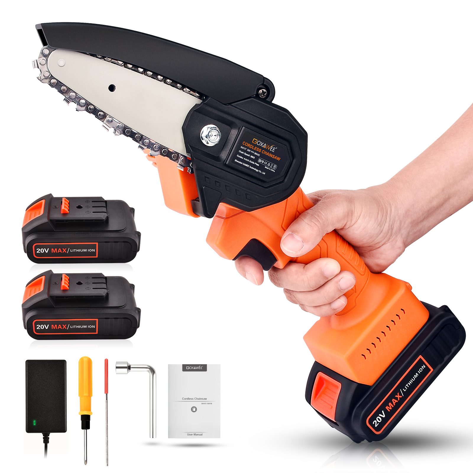 Mini Chainsaw Cordless 20V 4 Inch, GOXAWEE Electric Power Chain Saw with 2pcs Batteries, One-Hand Operated Portable Wood Saw for Farming Tree Limbs, Garden Pruning, Bonsai Trunk, and Firewood