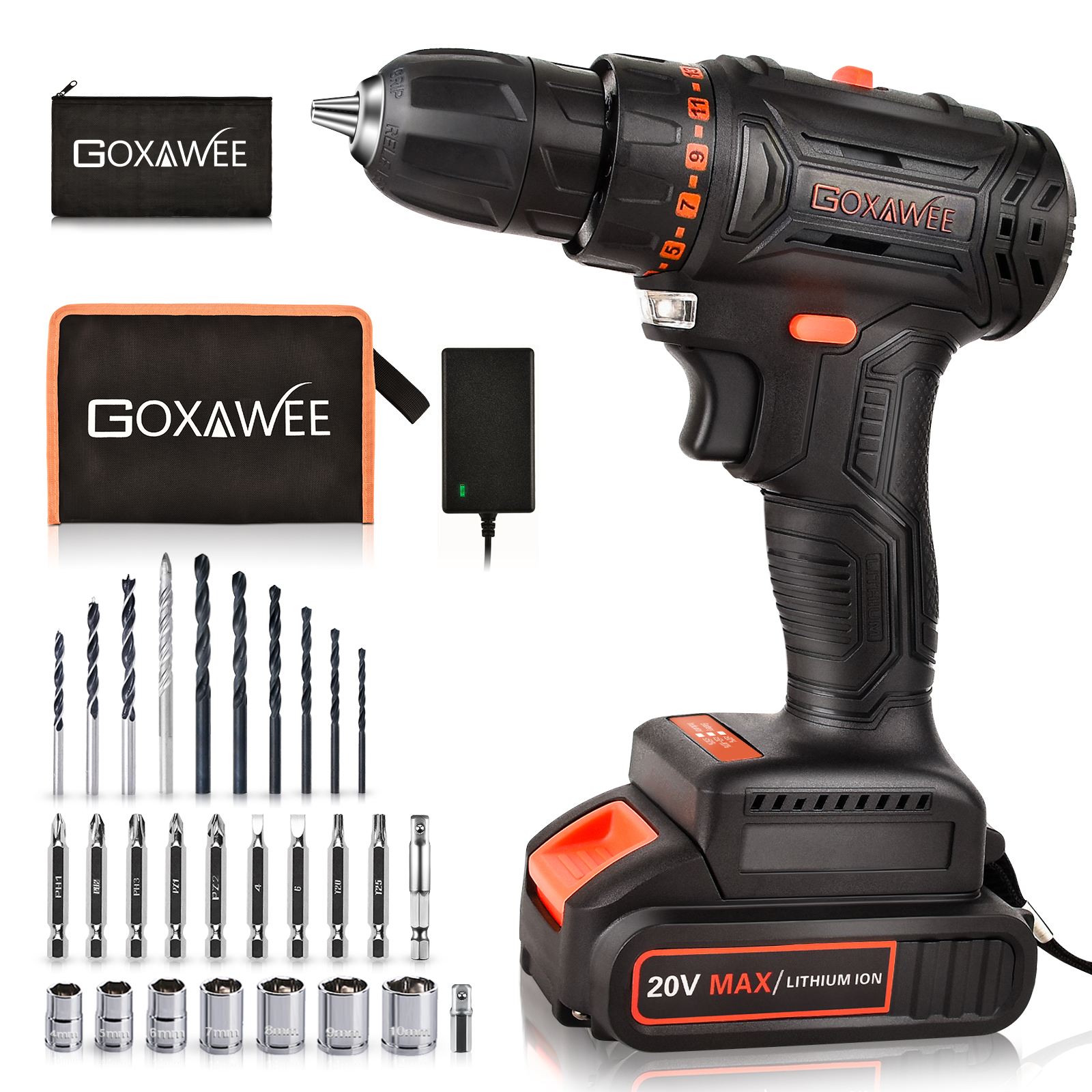 20V Brushless Cordless Drill Set, GOXAWEE Power Drill Kit with 2000 mAh Battery, 440 In-Lb Torque, 2 Speed, 23+1 Clutch, Home Tool Electric Screw Driver for Drilling and Fastening Applications