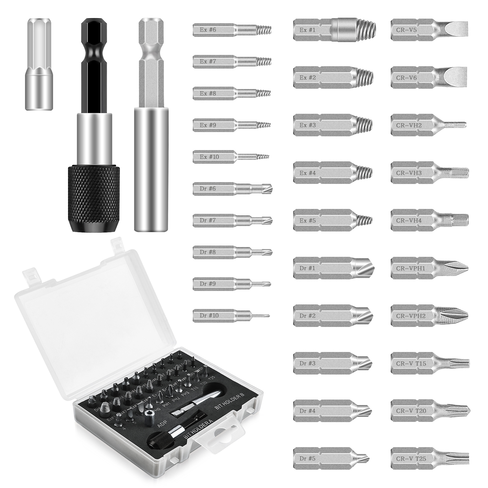 33 PCS Damaged Screw Extractor Set, GOXAWEE Multi-Purpose Easy Out Screw Remover and Bolt Stripped Extractor with Magnetic Extension Bit, for Removing Stripped or Broken Screws Extractor Kit