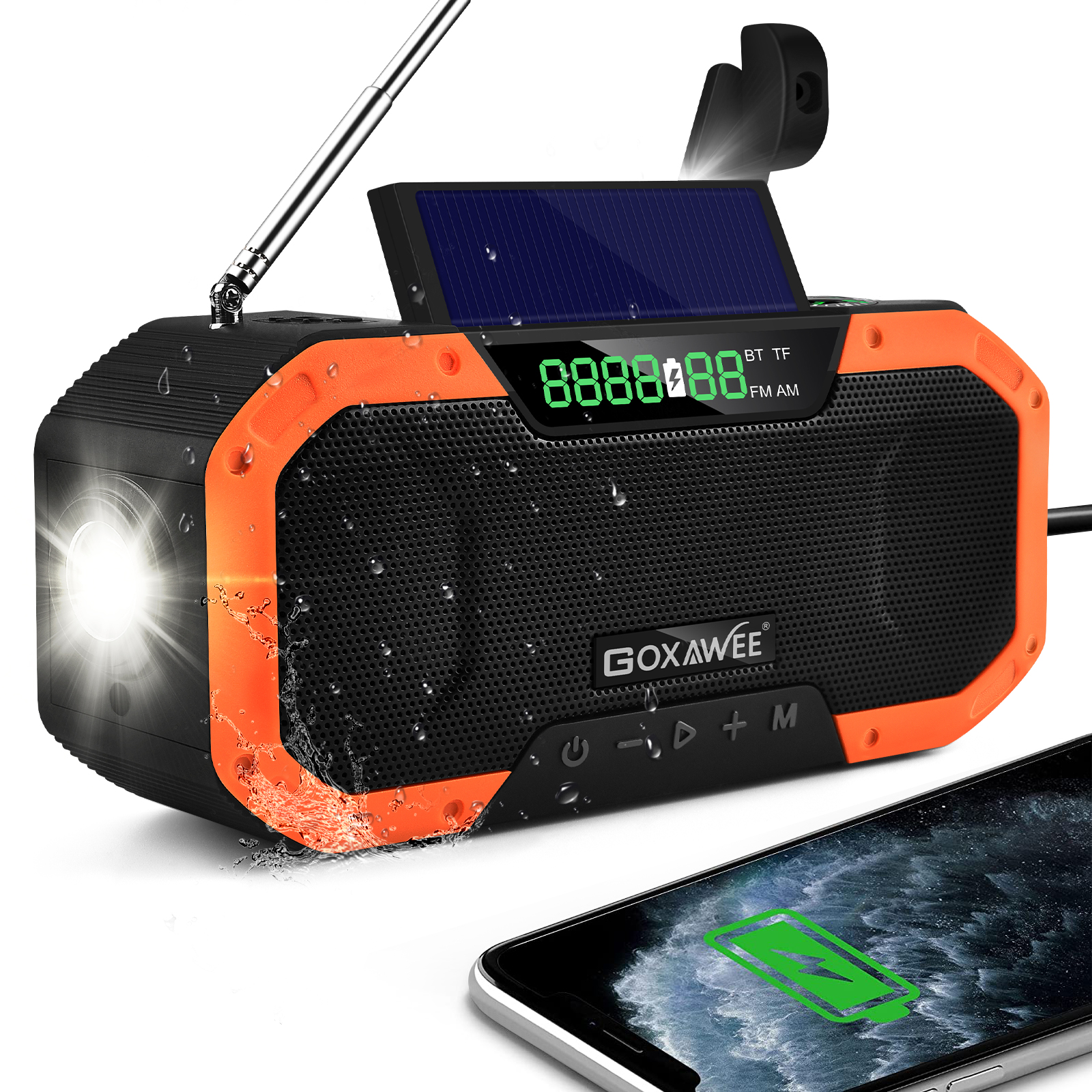 GOXAWEE Emergency Weather Radio, 5000mAh Solar Hand Crank Radio, Bluetooth/AM/FM/TF Weather Alert Portable Radio with 5 Ways Powered, Flashlight, Reading Lamp, Power Bank, SOS for Home and Camping