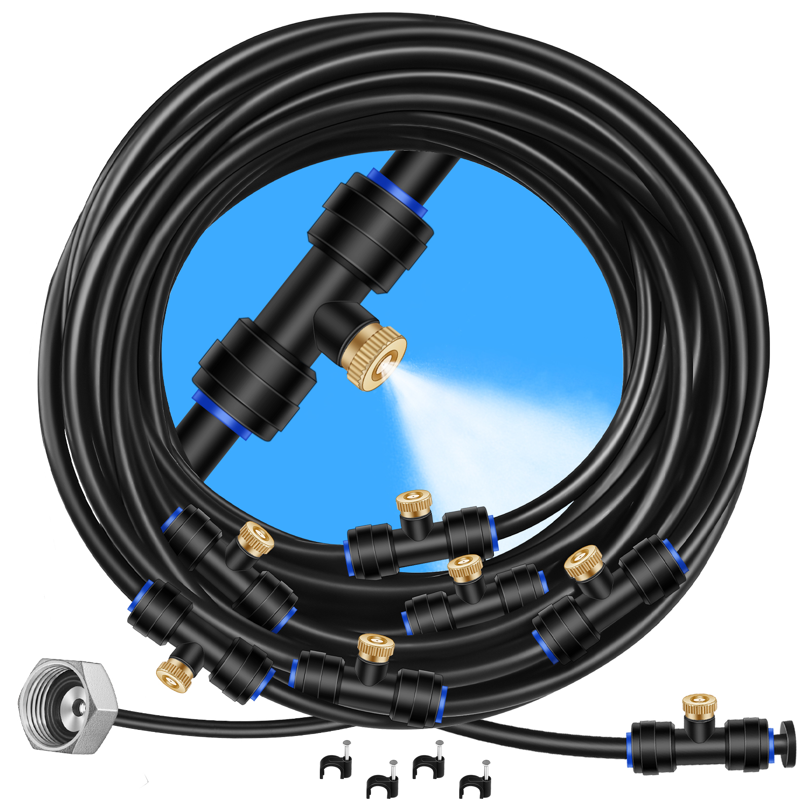 GOXAWEE Misting System, 59FT (18M) Misting Line + 20 Brass Mist Nozzles + Brass Adapter(3/4